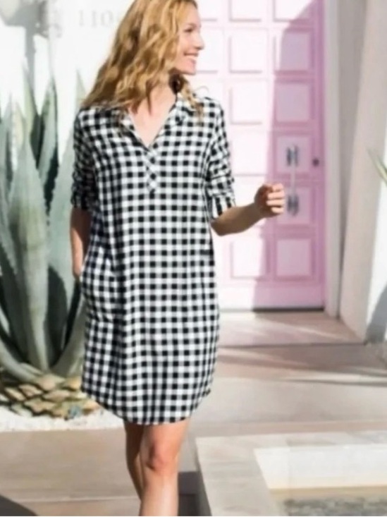 J. Jill Dresses & Skirts - J. JILL Gingham Tunic Shirt Dress Roll Tab Sleeves Black/White Size Large